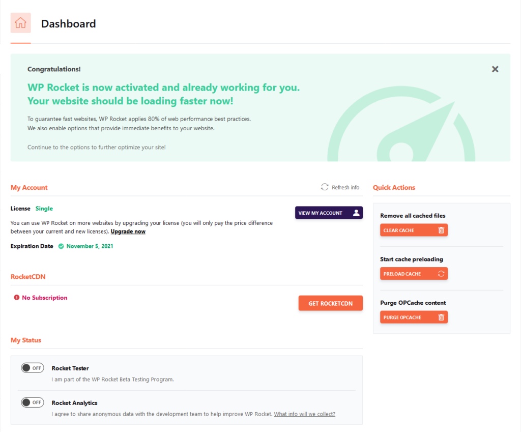 WP Rocket: Boost WordPress Speed (Full Review) WP Rocket: Boost WordPress Speed (Full Review), Dashboard