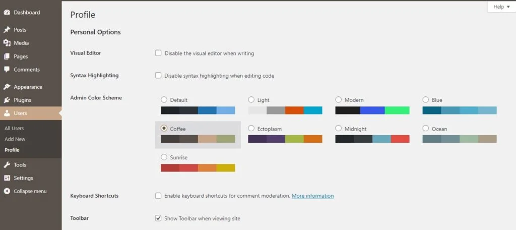 How to Change the Admin Color Scheme in WordPress, Changing the Admin Color Scheme with WordPress 2