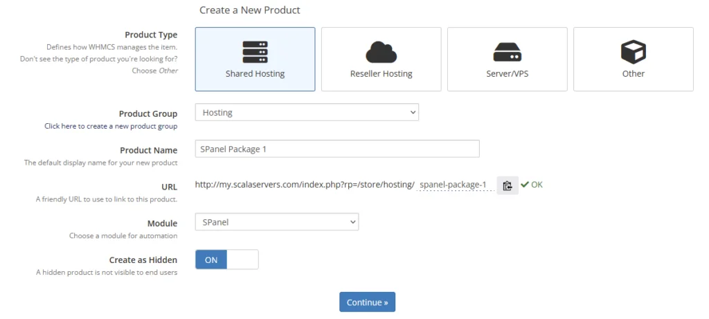 How to Configure the WHMCS SPanel Plugin Module?, Creating a New Product