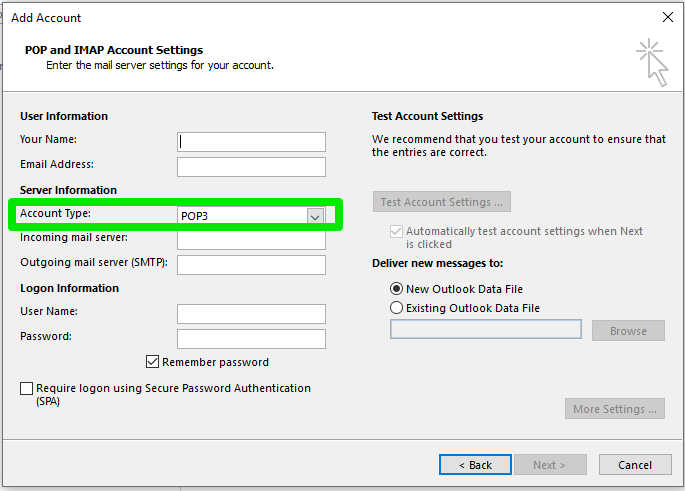 Add Email to Outlook 2016 Manually, Step 3: Configure Your Account Settings 2