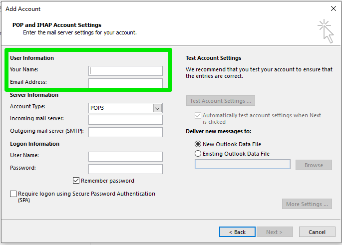 Add Email to Outlook 2016 Manually, Step 3: Configure Your Account Settings