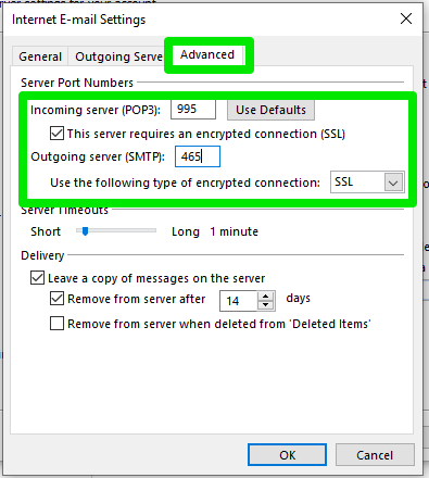 Add Email to Outlook 2016 Manually, Step 4: Configure Internet E-mail Settings 2