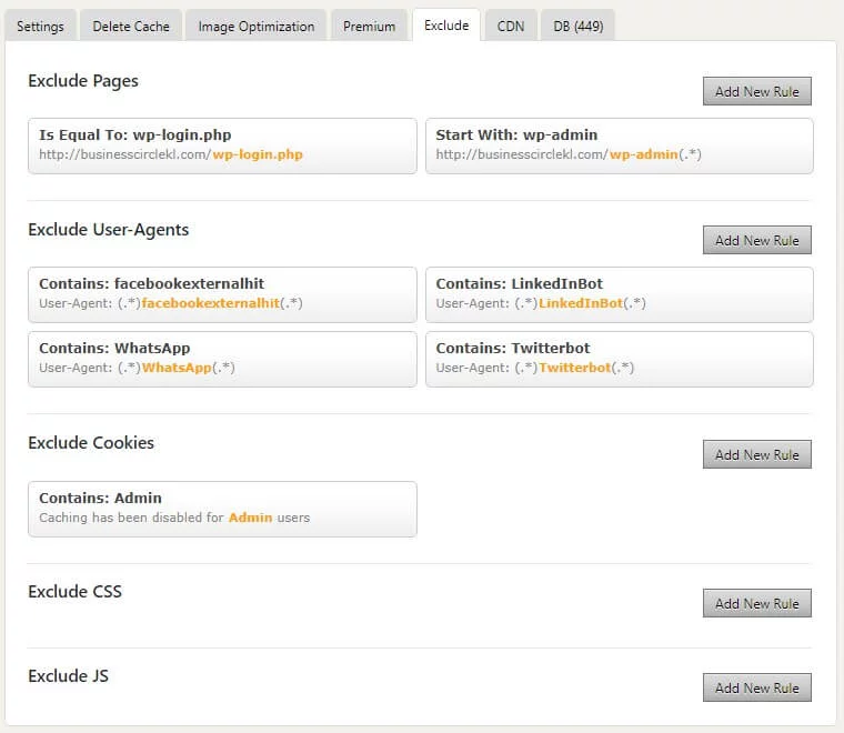WP Fastest Cache WP Fastest Cache, Exclude