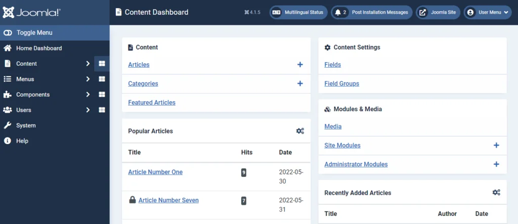 Introduction to the Joomla Dashboard Introduction to the Joomla Dashboard, Content